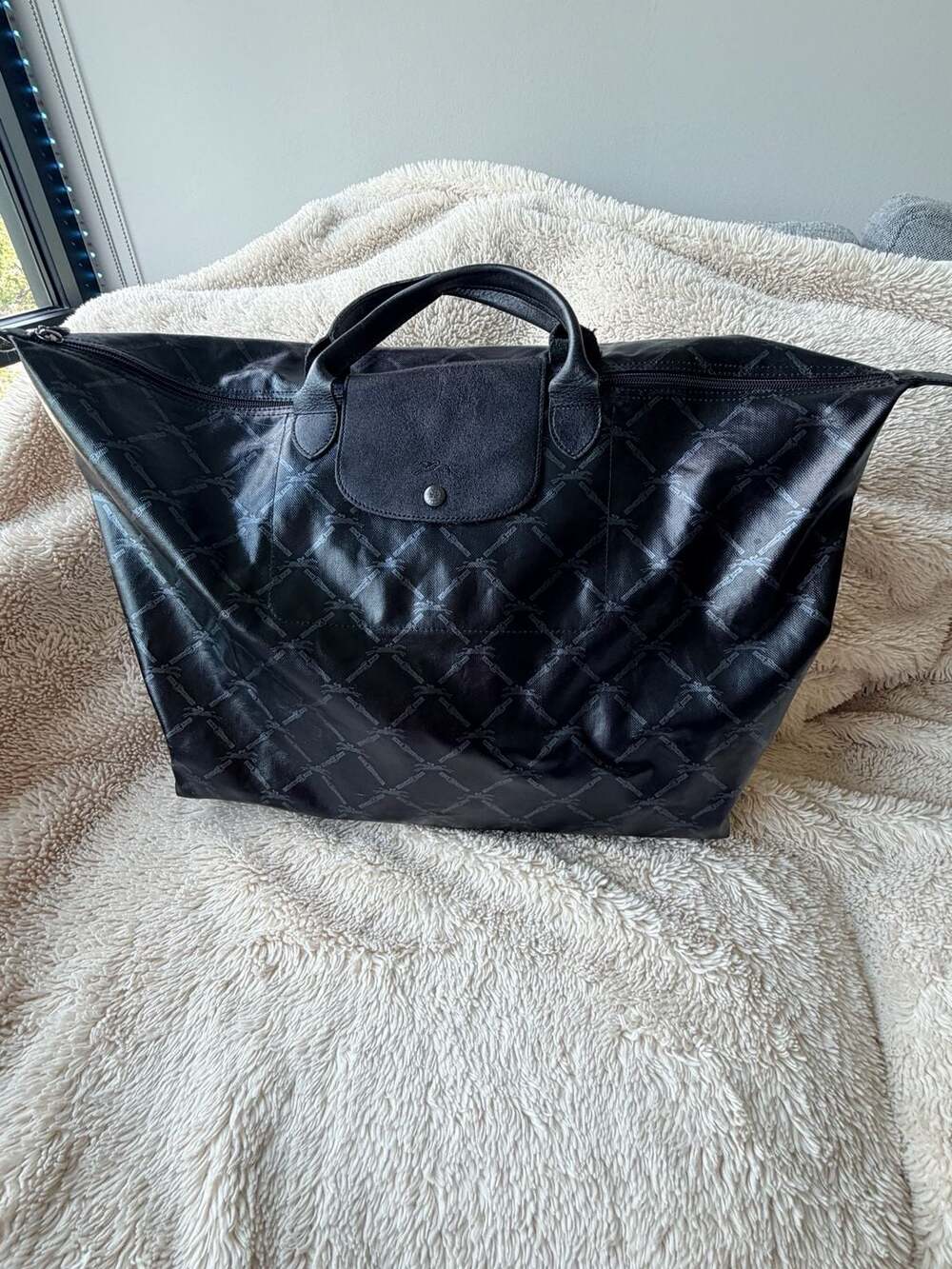 Longchamp Modele Depose XL Black Monogram Coated Canvas Travel Tote
